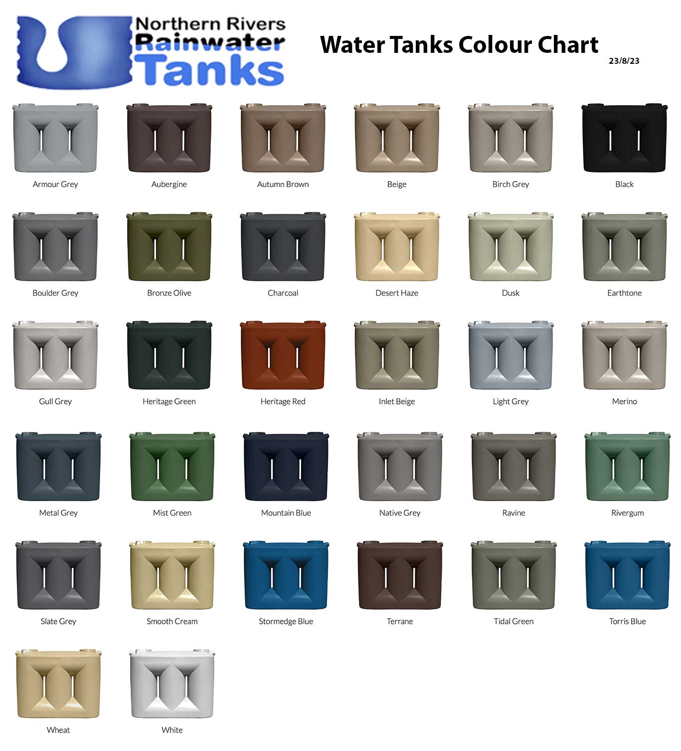 Clark Tanks rainwater tank colour chart